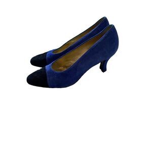 Vintage Escada Heels Shoes Black Blue Suede Leather 36.5 / 6.5 Almond Toe